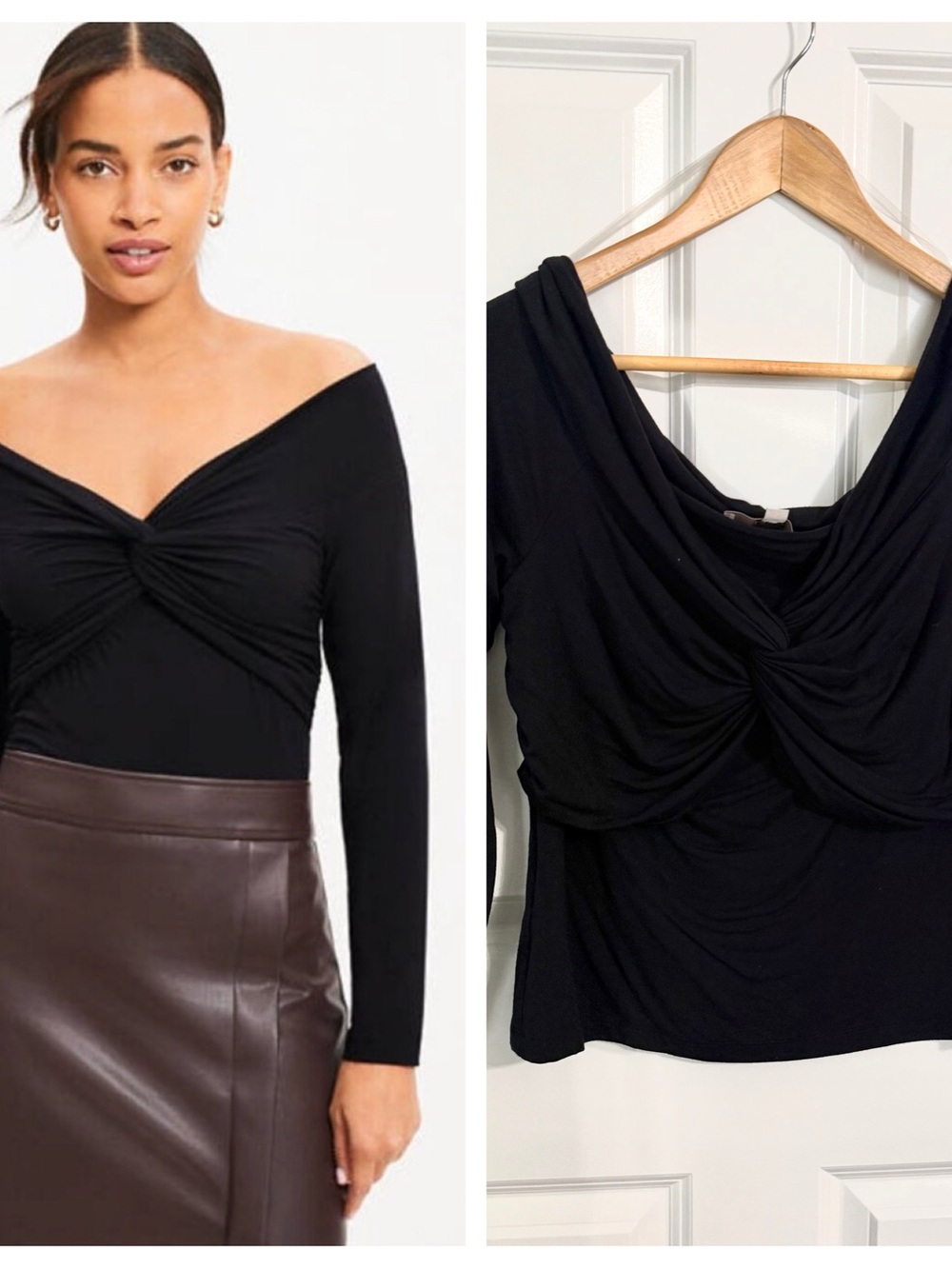 LOFT Black Off-Shoulder Twist Front Long Sleeve Top Size Large